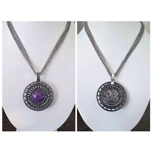 Premier Designs Purple Stone Medallion Pendant Necklace Silver Tone Reversible